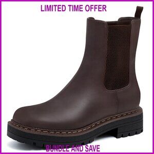 Leather Chelsea Ankle Boots Slip On Chunky Heel Lug Sole Platform Booties